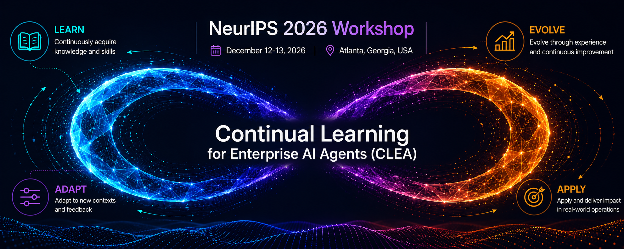 Continual Learning for Enterprise AI Agents illustrated as a glowing infinity loop connecting Learn, Adapt, Evolve, and Apply.